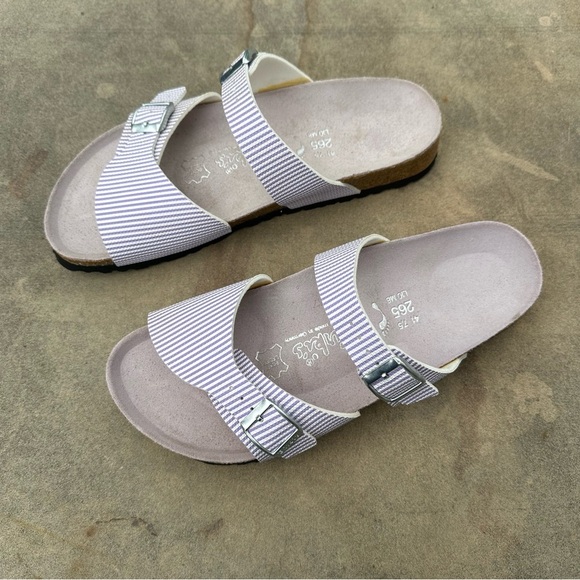 Birkenstock Birki’s Aziza Purple & White Stripe 2 Strap Sandals US 10-10.5 NEW - Picture 2 of 8